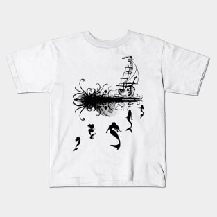 Mermaids swimming towards a pirate ship Kids T-Shirt